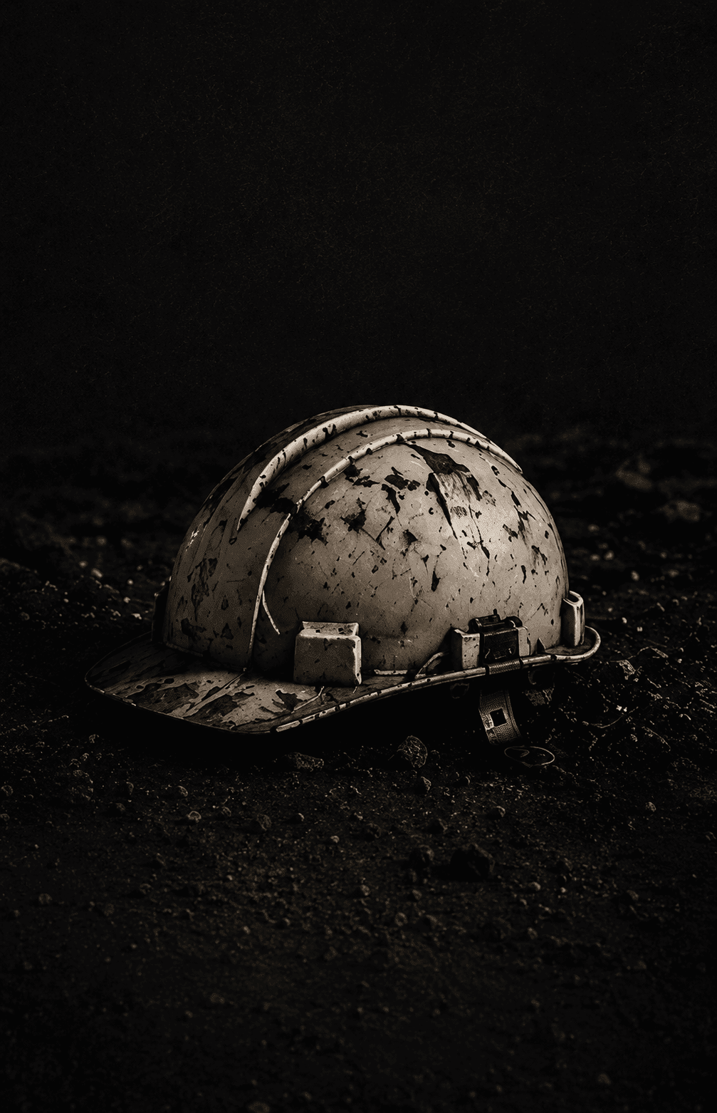 Casco industrial corroído sobre tierra: símbolo de pérdida de vidas